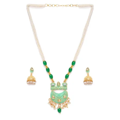 Women's Rose Gold Plated Alloy Necklace & Earings Set (Green)