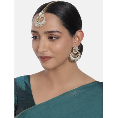 Women's Rose Gold Plated Alloy Kundan Earrings & Mangtikka (White) - Image 3