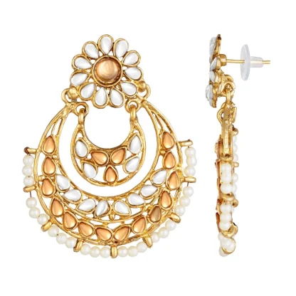 Women's Rose Gold Plated Alloy Kundan Earrings & Mangtikka (White & Gold) - Image 3