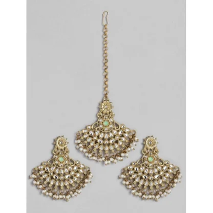 Women's Rose Gold Plated Alloy Kundan Earrings & Mangtikka (White)