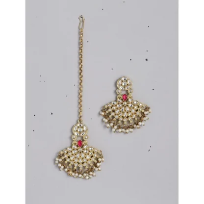 Women's Rose Gold Plated Alloy Kundan Earrings & Mangtikka (White) - Image 5