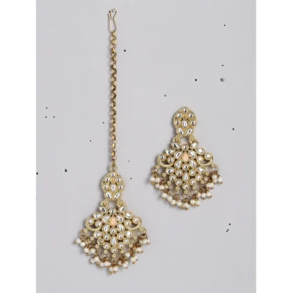 Women's Rose Gold Plated Alloy Kundan Earrings & Mangtikka (White) - Image 5