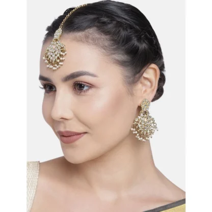 Women's Rose Gold Plated Alloy Kundan Earrings & Mangtikka (White) - Image 4