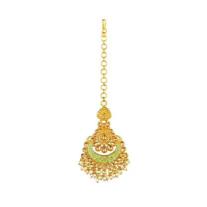 Women's Rose Gold Plated Alloy Kundan Earrings & Mangtikka (Green) - Image 4