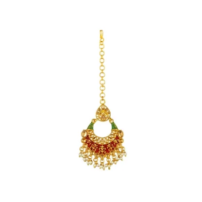 Women's Rose Gold Plated Alloy Kundan Earrings & Mangtikka (Red & Green) - Image 3