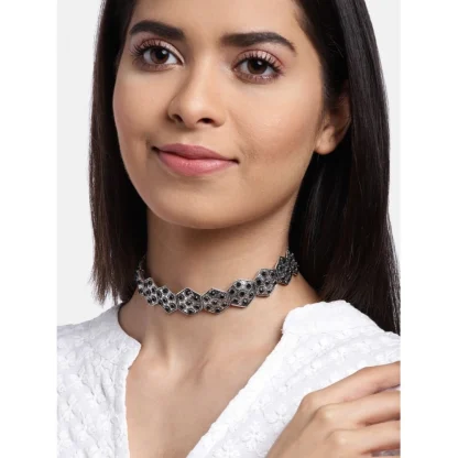 Women's Rose Gold Plated Alloy Choker (Silver & Black) - Image 3