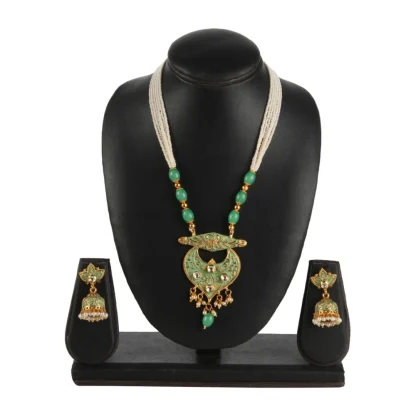 Women's Rose Gold Plated Alloy Necklace & Earings Set (Green) - Image 3