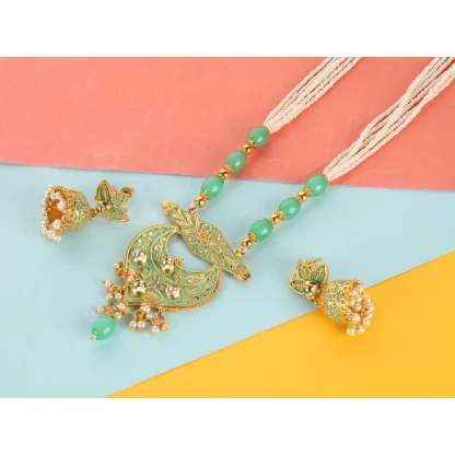 Women's Rose Gold Plated Alloy Necklace & Earings Set (Green) - Image 4