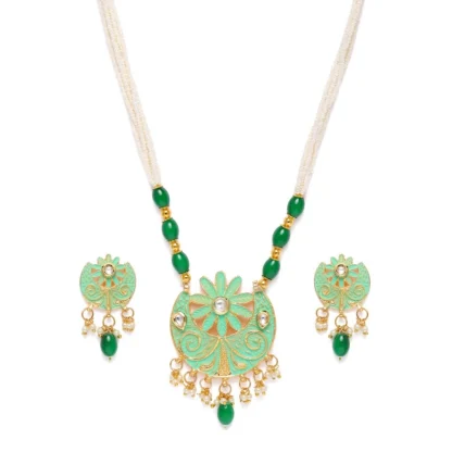 Women's Rose Gold Plated Alloy Necklace & Earings Set (Green) - Image 2