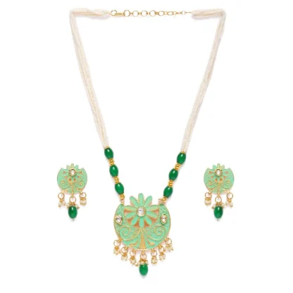 Women's Rose Gold Plated Alloy Necklace & Earings Set (Green)