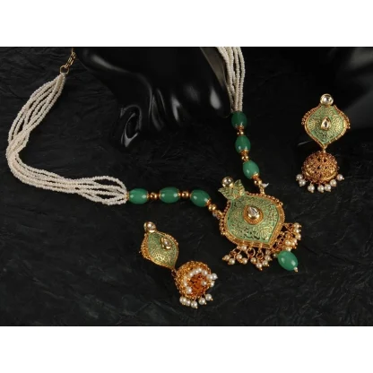 Women's Rose Gold Plated Alloy Necklace & Earings Set (Green) - Image 4