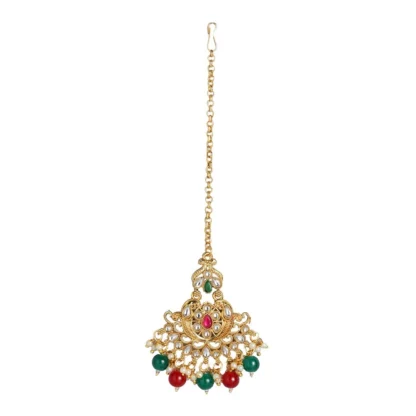 Women's Rose Gold Plated Alloy Kundan Earrings & Mangtikka (Red & Green) - Image 3