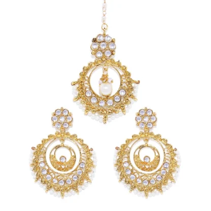 Women's Rose Gold Plated Alloy Kundan Earrings & Mangtikka (White) - Image 4