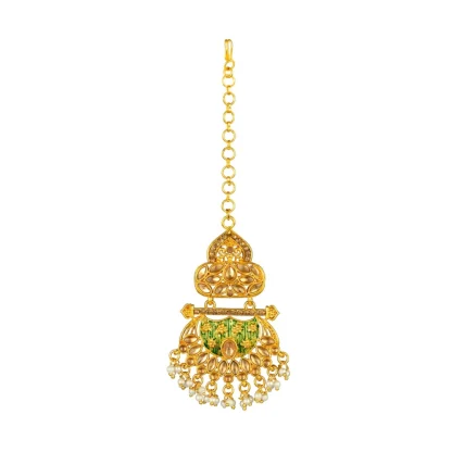 Women's Rose Gold Plated Alloy Kundan Earrings & Mangtikka (Green) - Image 2