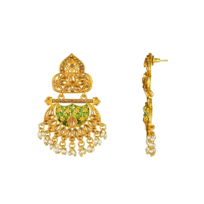 Women's Rose Gold Plated Alloy Kundan Earrings & Mangtikka (Green) - Image 5