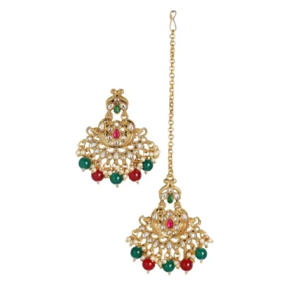 Women's Rose Gold Plated Alloy Kundan Earrings & Mangtikka (Red & Green) - Image 4