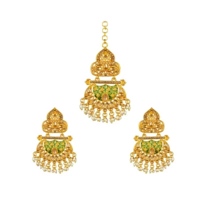 Women's Rose Gold Plated Alloy Kundan Earrings & Mangtikka (Green) - Image 3