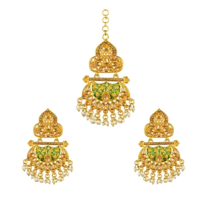 Women's Rose Gold Plated Alloy Kundan Earrings & Mangtikka (Green)