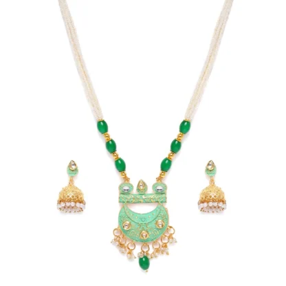 Women's Rose Gold Plated Alloy Necklace & Earings Set (Green) - Image 3