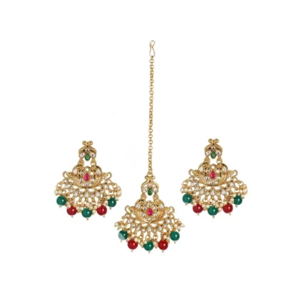 Women's Rose Gold Plated Alloy Kundan Earrings & Mangtikka (Red & Green)