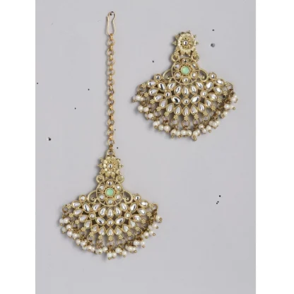 Women's Rose Gold Plated Alloy Kundan Earrings & Mangtikka (White) - Image 5