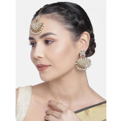 Women's Rose Gold Plated Alloy Kundan Earrings & Mangtikka (White) - Image 4