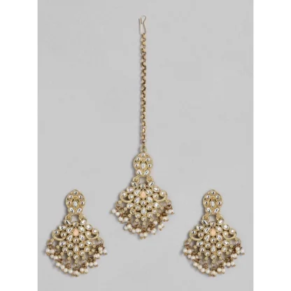 Women's Rose Gold Plated Alloy Kundan Earrings & Mangtikka (White)