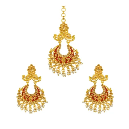 Women's Rose Gold Plated Alloy Kundan Earrings & Mangtikka (Maroon)