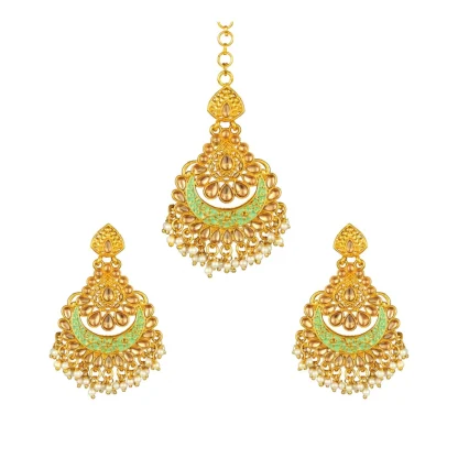 Women's Rose Gold Plated Alloy Kundan Earrings & Mangtikka (Green)