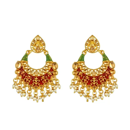 Women's Rose Gold Plated Alloy Kundan Earrings & Mangtikka (Red & Green) - Image 5