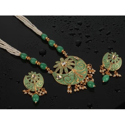 Women's Rose Gold Plated Alloy Necklace & Earings Set (Green) - Image 4