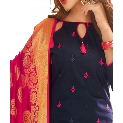 Glace Cotton Fabric Navy Blue Color Unstitched Salwar-Suit Material With Dupatta - Image 3