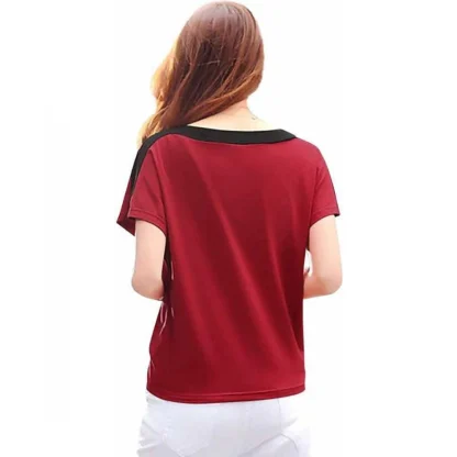 Women's Casual Solid Polyester Boat Neck T-shirt (Maroon) - Image 2