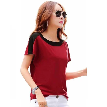 Women's Casual Solid Polyester Boat Neck T-shirt (Maroon) - Image 4