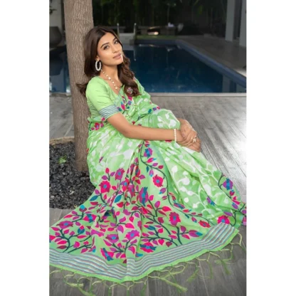 Generic Women's Cotton Printed Saree With Unstitched Blouse (Green, 5-6 Mtrs) - Image 3