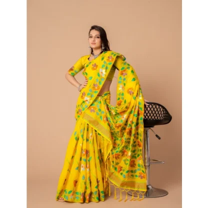 Generic Women's Cotton Printed Saree With Unstitched Blouse (Yellow, 5-6 Mtrs) - Image 4