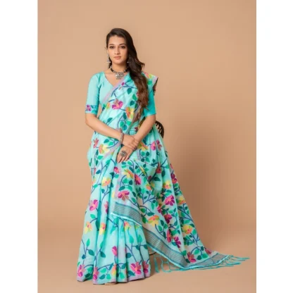 Generic Women's Cotton Printed Saree With Unstitched Blouse (Sky Blue, 5-6 Mtrs) - Image 2