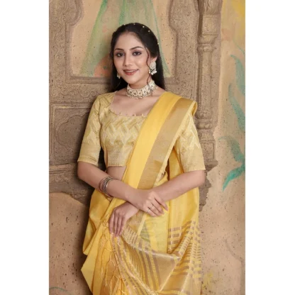 Generic Women's Soft Linen Striped Saree With Unstitched Blouse (Yellow, 5-6 Mtrs) - Image 2