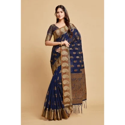 Generic Women's Chanderi Cotton Printed Saree With Unstitched Blouse (Navy Blue, 5-6 Mtrs) - Image 2