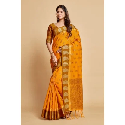 Generic Women's Chanderi Cotton Printed Saree With Unstitched Blouse (Mustard, 5-6 Mtrs) - Image 2