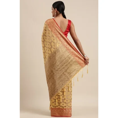 Generic Women's Chanderi Cotton Printed Saree With Unstitched Blouse (Yellow, 5-6 Mtrs) - Image 4