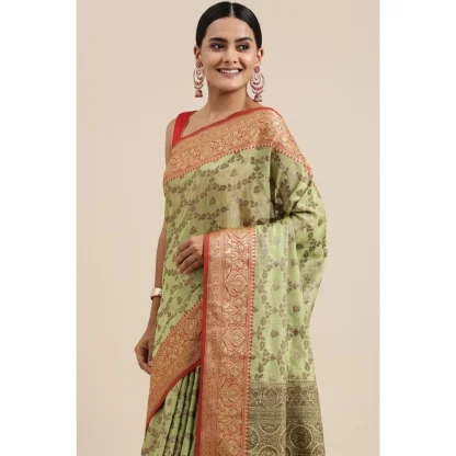 Generic Women's Chanderi Cotton Printed Saree With Unstitched Blouse (Pista, 5-6 Mtrs) - Image 2