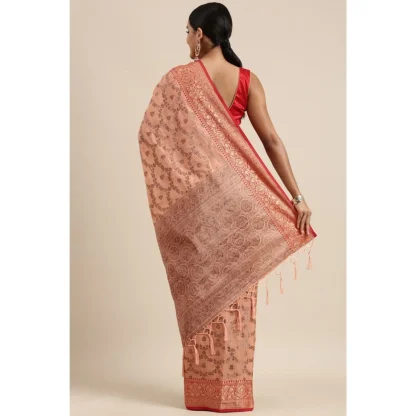 Generic Women's Chanderi Cotton Printed Saree With Unstitched Blouse (Peach, 5-6 Mtrs) - Image 4