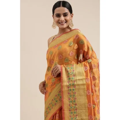 Generic Women's Organza Printed Saree With Unstitched Blouse (Mustard, 5-6 Mtrs) - Image 2