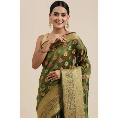 Generic Women's Organza Printed Saree With Unstitched Blouse (Mahendi, 5-6 Mtrs) - Image 2