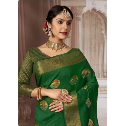 Generic Women's Linen Printed Saree With Unstitched Blouse (Dark Green, 5-6 Mtrs) - Image 2