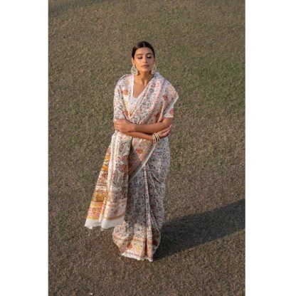 Generic Women's Linen Printed Saree With Unstitched Blouse (White, 5-6 Mtrs) - Image 4