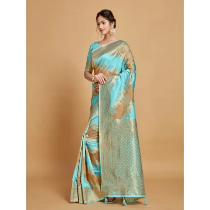 Generic Women's Linen Printed Saree With Unstitched Blouse (Sky Blue, 5-6 Mtrs) - Image 5