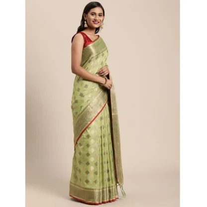 Generic Women's Chanderi Cotton Printed Saree With Unstitched Blouse (Pista, 5-6 Mtrs) - Image 3