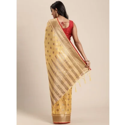 Generic Women's Chanderi Cotton Printed Saree With Unstitched Blouse (Yellow, 5-6 Mtrs) - Image 4